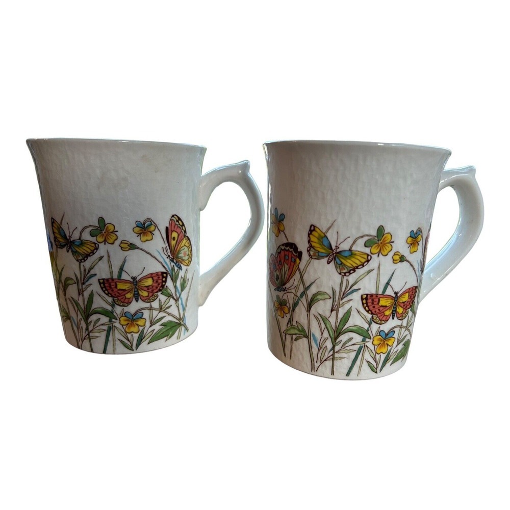 Otagiri Butterfly‎ Flowers Japan Ivory Stone Coffee/ Tea Cup Mugs set of 2
